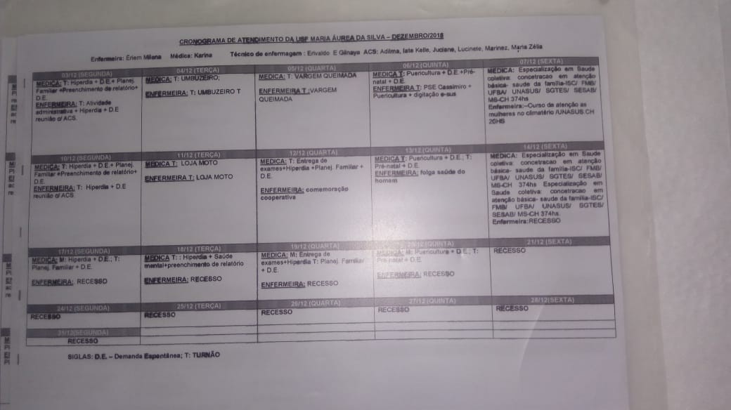Cronograma de atendimento da Unidade Básica de Saúde Maria Áurea - Dezembro